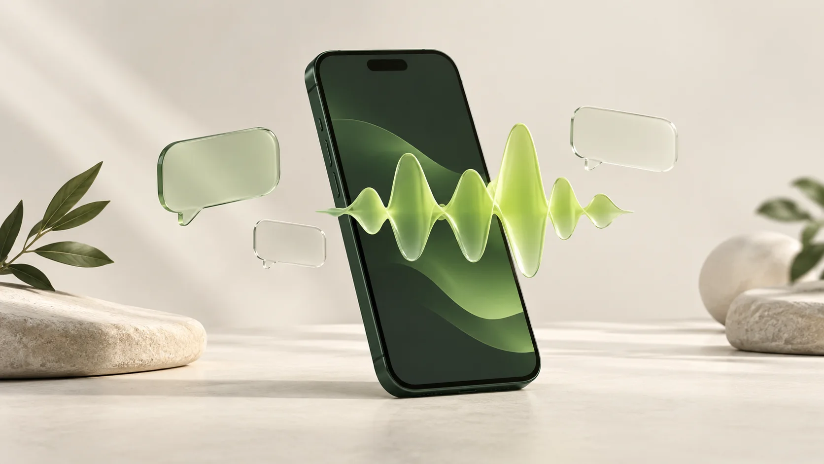 A forest-green phone with a sculptural voice waveform and glass conversation bubbles